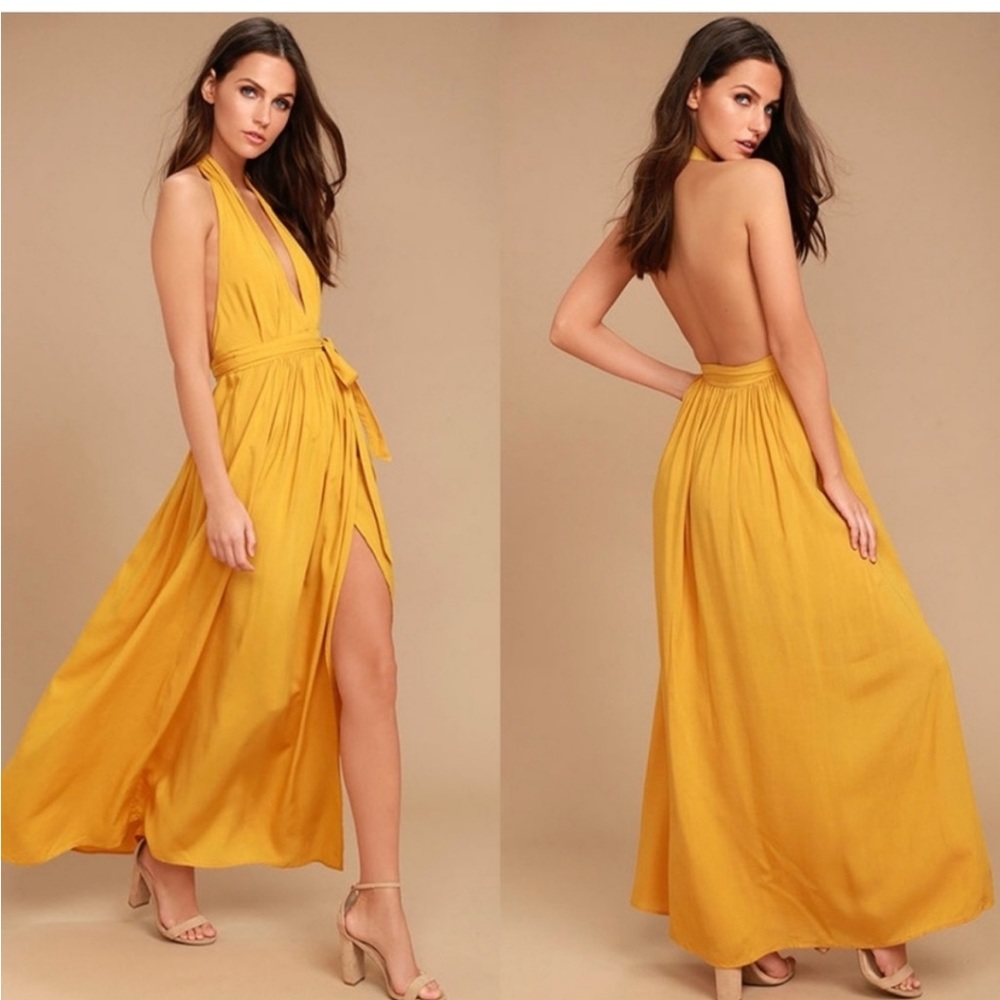 LULUS MAGICAL MOVEMENT MUSTARD YELLOW WRAP MAXI DRESS